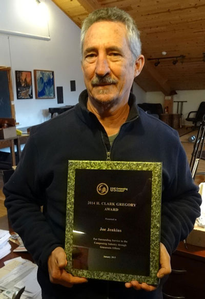 Joseph Jenkins is presented with the H. Clark Gregory Award in January of 2015 Joe Jenkins receives the H. Clark Gregory Award at the US Compost Council January 2105 Conference in austin, Texas